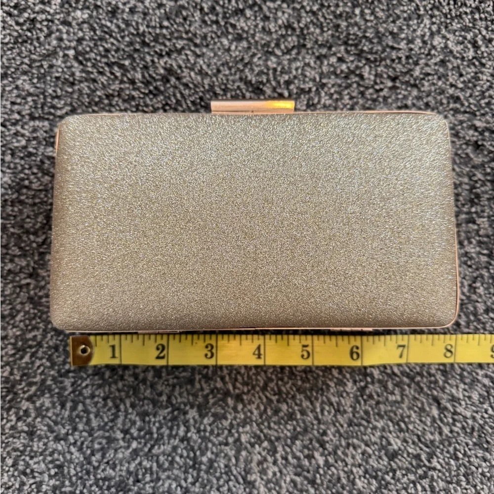 Elegant Gold Glitter Hard Case Evening Clutch Bag Chain Strap Rectangle Shape